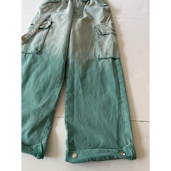 Creative Design Baggy Wide Leg Pants Women L Two Tone Green Cargo Y2K Skater - Picture 11 of 15